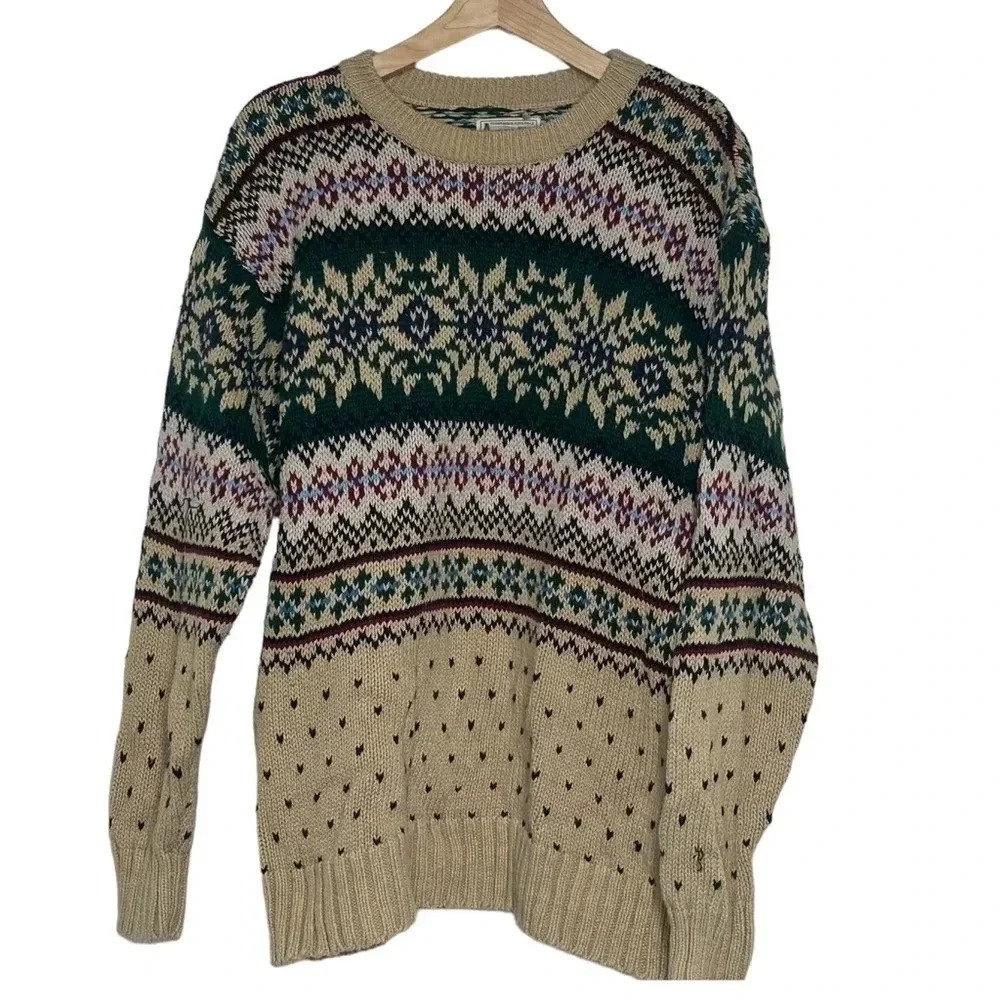 Aeropostale Sweater Large Tan Vintage 90s Fair Isle Ramie Cotton Knit Crewneck